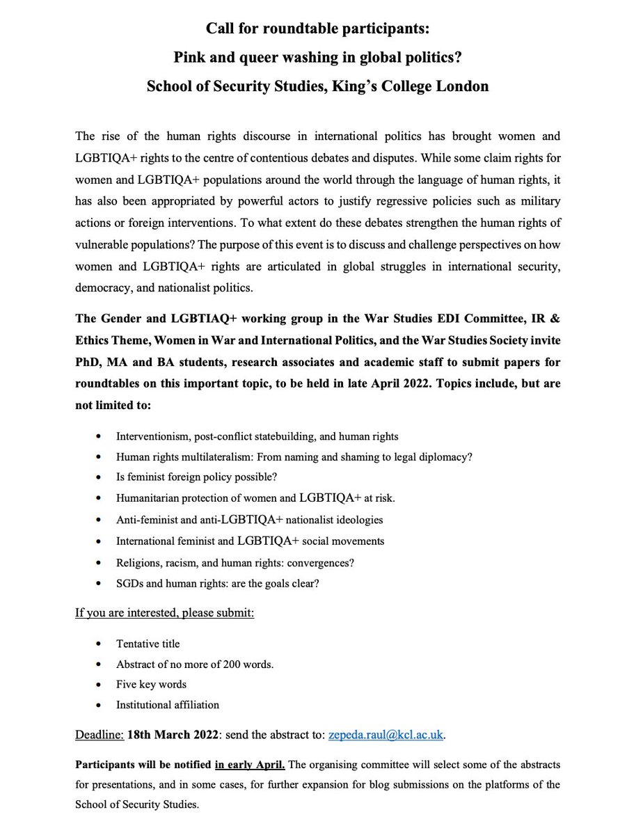 WIWIPkcl's tweet photo. @KCLSecurity is looking for roundtable participants for an upcoming roundtable on Pink and queer washing in global politics! Take a look at the prompt below! 
The deadline is March 18th! https://t.co/ueZwzFtV30