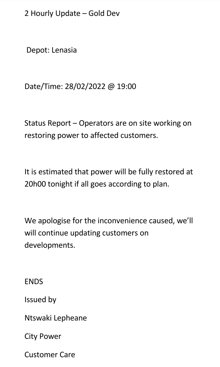 CityPowerJhb's tweet photo. #JoburgUpdates #GoldDevOutage
Operators are on site working on restoring power to affected customers. ^NT https://t.co/UtQvRihBR2