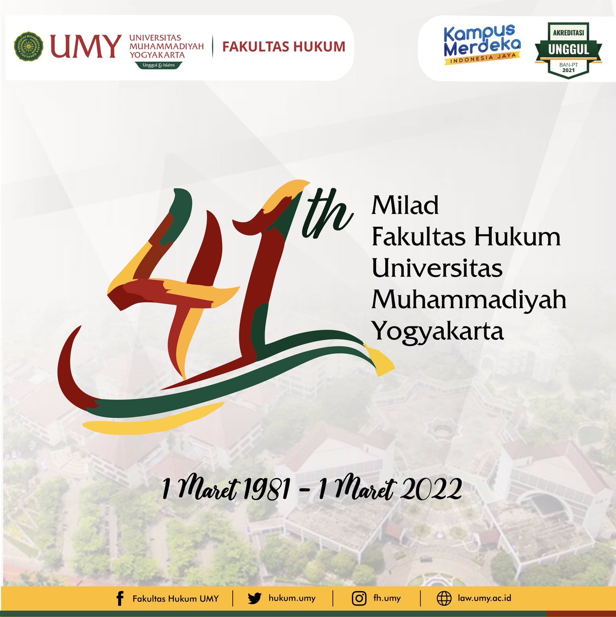 [Milad FH UMY ke-41]

Selamat Milad ke-41 Fakultas Hukum Universitas Muhammadiyah Yogyakarta. Semoga semakin berjaya dan tetap berkarya dalam menghasilkan generasi muda yang bermutu dan bermanfaat bagi sesama.

Aloha sobat justitia,
Apa harapan &amp; pesan kalian untuk FH UMY?😊✨