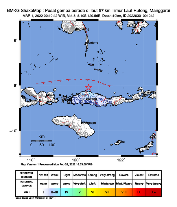 infoBMKG's tweet photo. #Gempa Mag:4.6, 01-Mar-22 00:10:42 WIB, Lok:8.10 LS, 120.56 BT (Pusat gempa berada di laut 57 km Timur Laut Ruteng, Manggarai), Kedlmn:10 Km Dirasakan (MMI) II-III Ruteng, II Labuan Bajo #BMKG https://t.co/Ynog0bClrE
