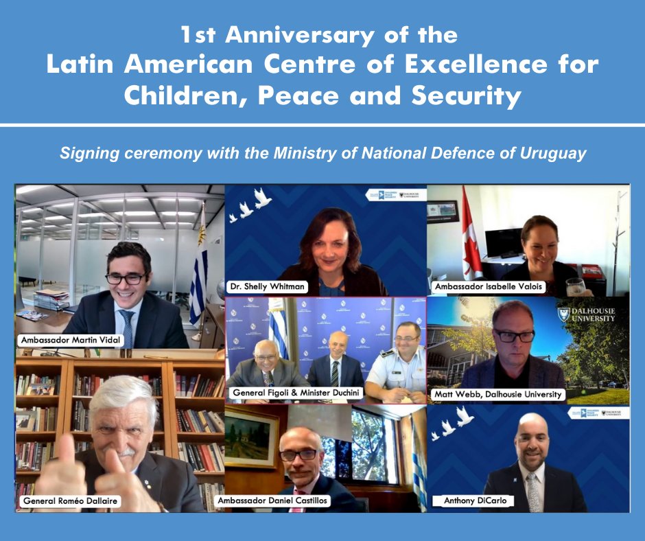 DallaireInst's tweet photo. Today marks the 1st anniversary of the signing of an MoU btwn the @DallaireInst, @DalhousieU &amp; the @MDN_Uruguay from the Eastern Republic of Uruguay. With the signing of this MoU, the Dallaire Institute Latin American CoE on Children, Peace &amp; Security has made much progress! 
1/5 https://t.co/CJC366kNI2