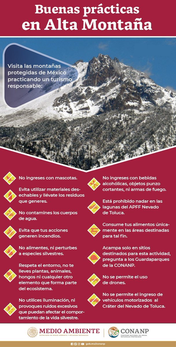 CONANP_mx's tweet photo. Visita las montañas protegidas de México de forma segura. Planea tu viaje, sigue nuestras recomendaciones y disfruta tu estancia en alta montaña. #TurismoResponsable 🌲🏔️🌊🏕️🌿🌄🇲🇽 https://t.co/X1rPhhaBQb
