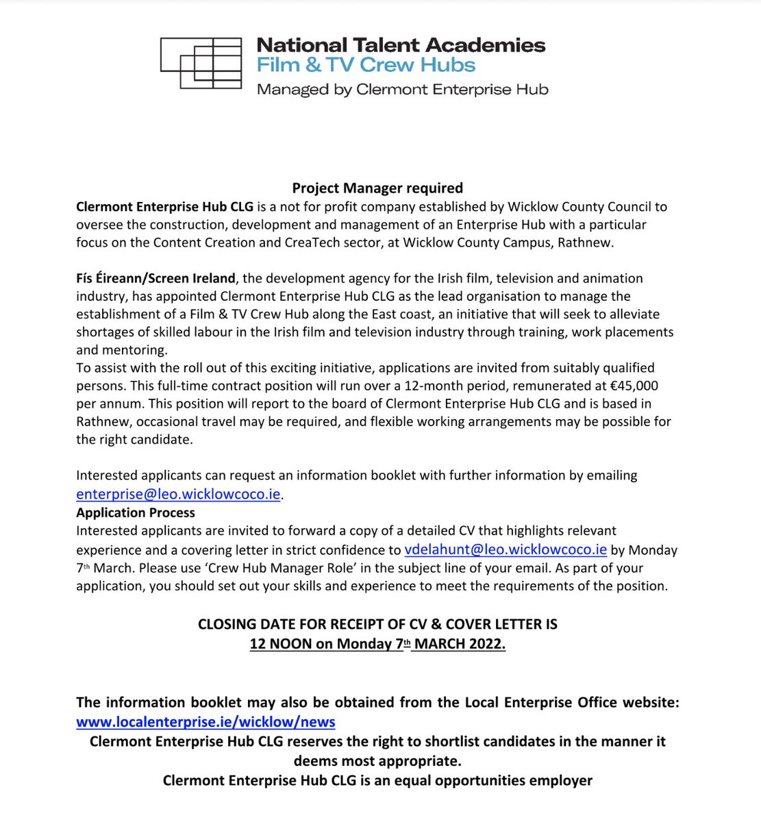 ScreenWexford's tweet image. Exciting opportunity to work on the National Talent Academies Film &amp;amp; TV Crew Hubs in conjunction with Clermont Enterprise Hub in Wicklow. 

Just one week remaining to apply! 
#CrewHubs #FilmDevelopment