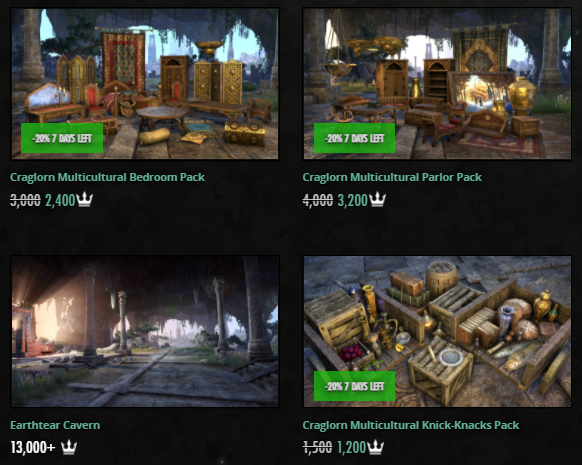 benevolentbowd's tweet image. ESO Housingmancers, Crown store alert!
Earthtear Cavern and Craglorn furnishing packs are 20% off.
Note: the Earthtear Cavern entry on website doesn't indicate the sale discount. 
#ESO #ElderScrollsOnline #TESOnline #notsponsored