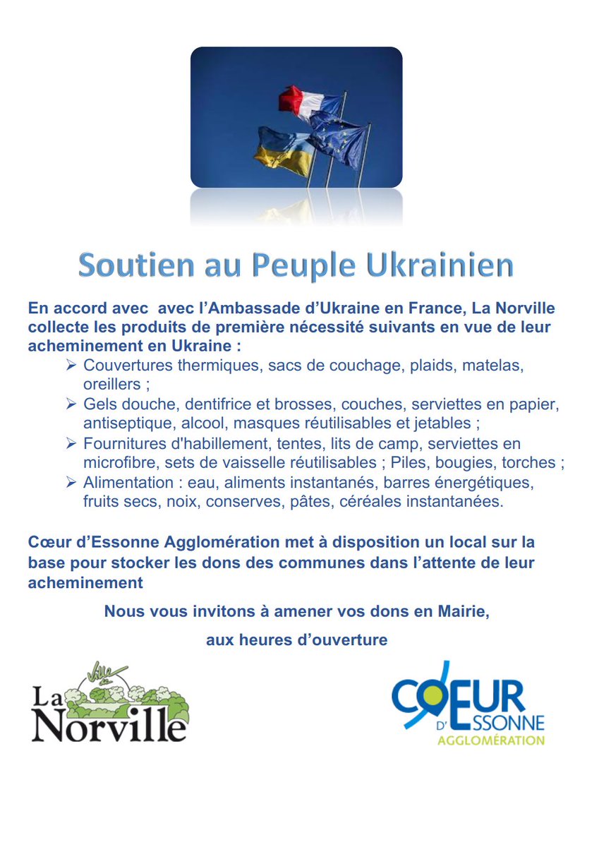 lanorville91's tweet photo. @lanorville91 🇫🇷🇺🇦🇪🇺 Soutien au Peuple Ukrainien - La Norville collecte les produits de première nécessité en vue de leur acheminement en Ukraine, en accord avec avec l’Ambassade d’Ukraine en France 🇺🇦🇫🇷🇪🇺 @CoeurEssonne #SolidariteUkraine #Ukraine https://t.co/0SQoRPLSj0