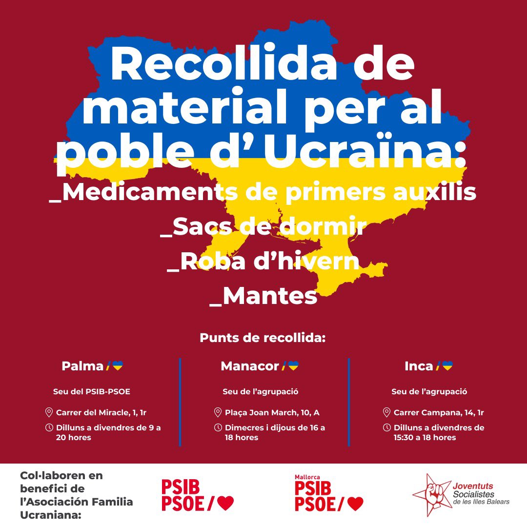 ‼️Posam en marxa una recollida solidària de material per al poble d’Ucraïna que tant ens necessita en aquests difícils moments.

📍Punt de recollida a la seu dels <a href="/SocialistesInca/">Socialistes d' Inca</a> al Carrer Campana,14. 

⏰ De dilluns a divendres de les 15.30h - 18.00h

La teva ajuda suma.🌹🇺🇦
