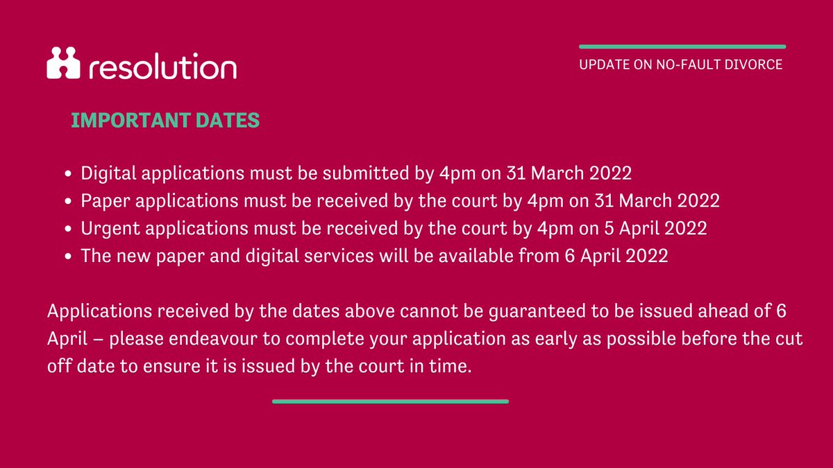 We've just published a #NoFaultDivorce update ahead of 6 April. As <a href="/MoJGovUK/">Ministry of Justice</a> creates a new online process to accommodate the changes, members should be aware of important cut off dates for applications under the existing system. 

➡️resolution.org.uk/news/get-ready…