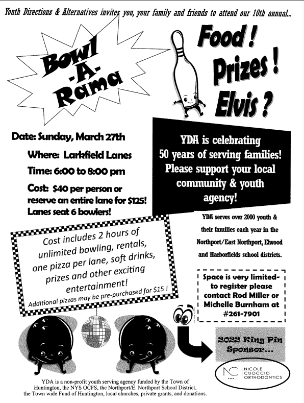 YDA_Outreach's tweet photo. March is full of fun at YDA - support your local youth agency at Bowl-a-Rama! @Elwood_Super @HarborfieldsCSD @nensuper62 @NENUFSD https://t.co/wDgv3RIytD
