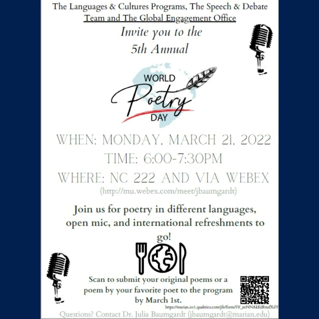 Marianuinterna1's tweet photo. Do not miss out the opportunity to participate and be present at the 5th Annual World Poetry Day.
Today is the last day to sign up!
#marianinternational 
#marianuniversity 
#WorldPoetryDay https://t.co/npkyhFSeoA