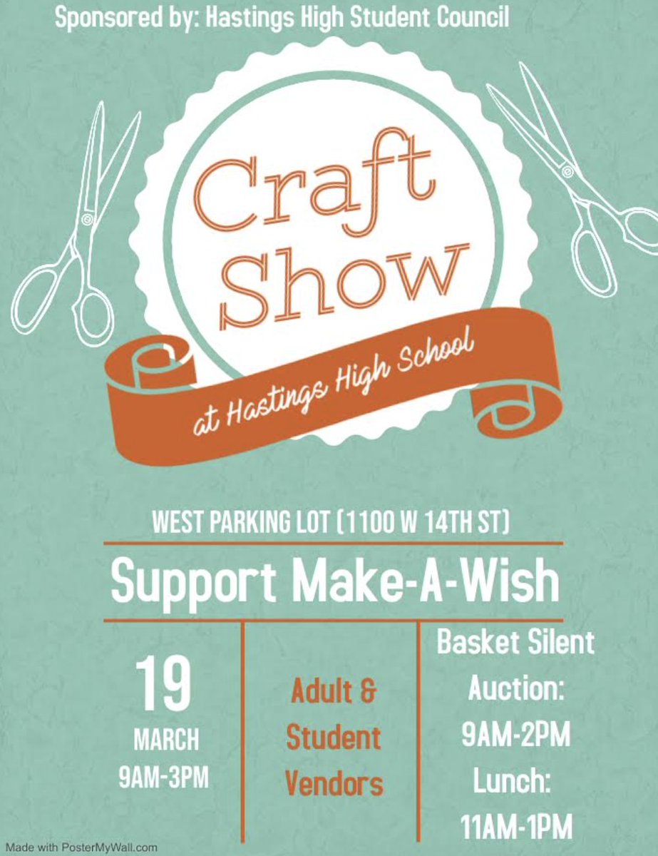 hpstigers's tweet photo. Make plans to attend the STUCO Craft Show on Saturday, March 19 from 9 AM to 3 PM in the HHS South Gym. There will be over 40 vendors, a silent auction and lunch will be available. This event will benefit the Make-a-Wish Foundation.
#hpstigers #every1atiger https://t.co/hDhWBKTQ8F