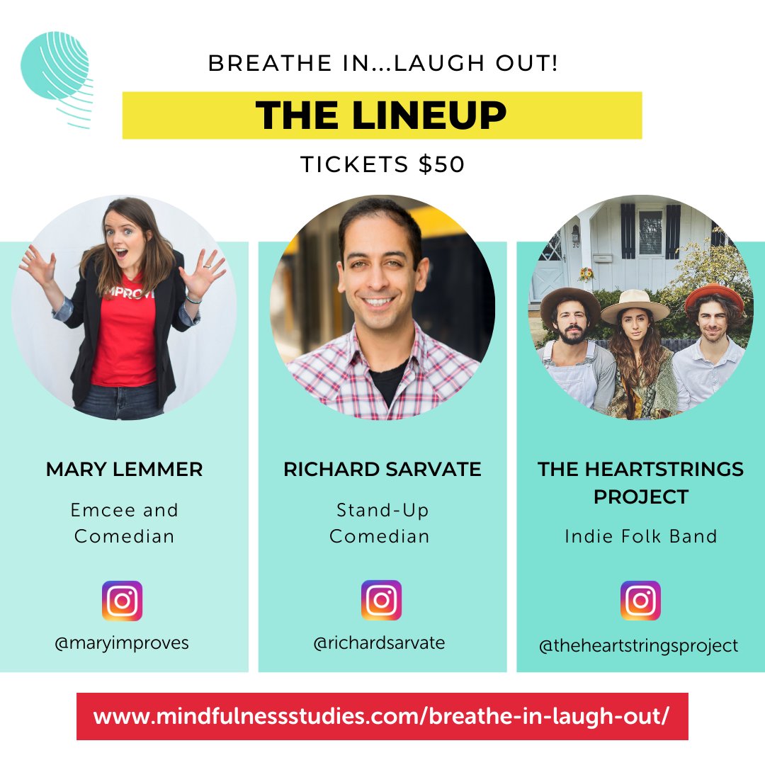 MindfulStudies's tweet photo. Introducing our stellar lineup for our virtual fundraising night of comedy, music, and mindfulness on March 30! Tickets: https://t.co/vmtqbh4Vqo @maryimproves @richardsarvate @Heartstringspro #virtualcomedyshow #fundraiser #mentalhealth https://t.co/wNtjROa3Sp