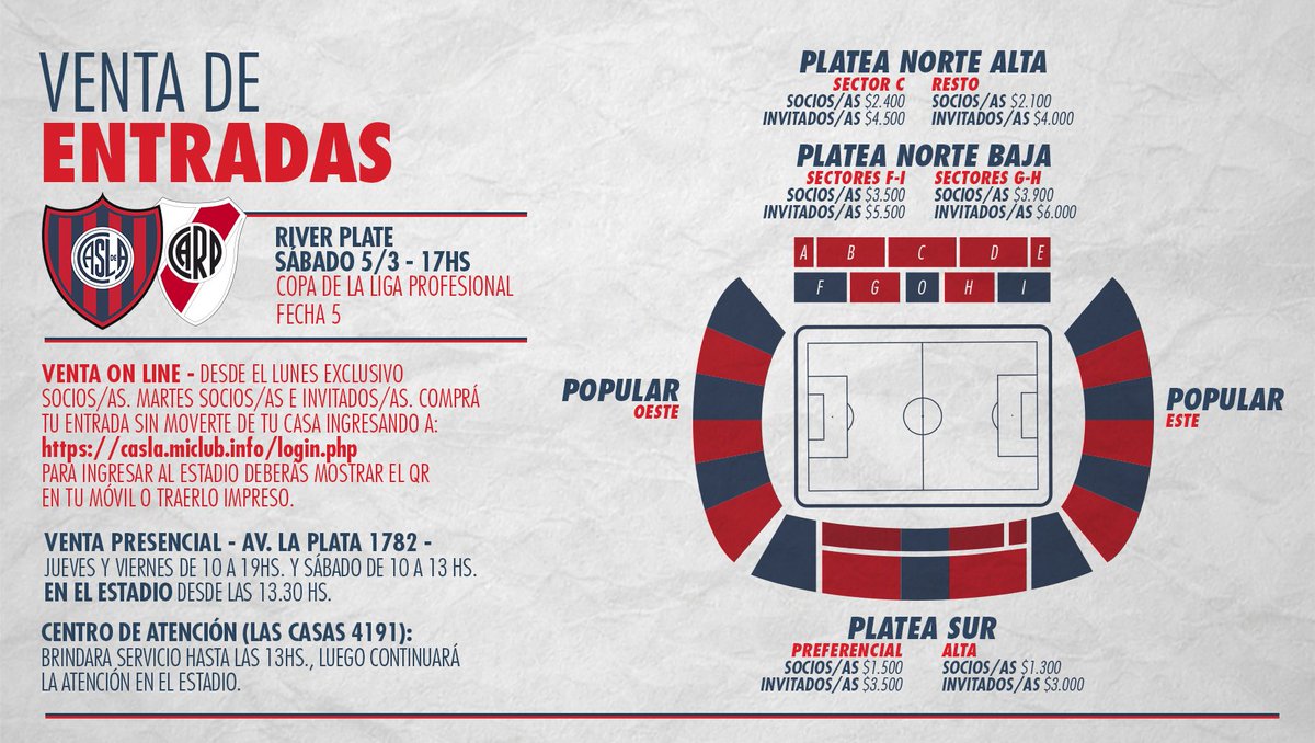 ¡A reventar el Bidegain! ¡Vení a alentar a #SanLorenzo contra River! ❤️💙

📌 Hoy comienza la venta de entradas. Ingresá a casla.miclub.info/login.php y asegurá tu lugar en el clásico del sábado.

Conocé todos los medios disponibles para adquirir tu ticket ➡️ bit.ly/3vy5msy