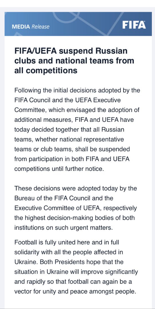 danroan's tweet photo. BREAKING: FIFA/UEFA suspend Russian clubs and national teams from all competitions https://t.co/0Mar3d7zmf