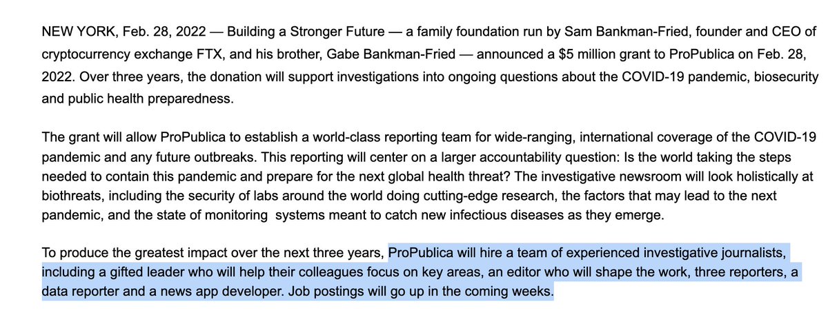 ProPublica just got $5 million to fund reporting on COVID, "biosecurity and public health preparedness." Money is from crypto billionaire Sam Bankman-Fried's family foundation. 

Looks like it'll be a team of 7 devoted to that coverage...