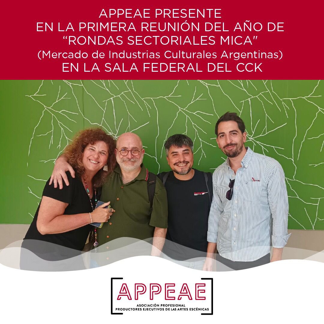 En representación de APPEAE, <a href="/gustavoschraier/">Gustavo Schraier</a> y <a href="/JuanYacar/">Juan Gabriel Yacar</a>  (Presidente y Vocal de la Comisión Directiva de la Asociación) estuvieron presentes en la primera reunión sectorial del año de <a href="/MICAcultura/">MICA</a> 
Coincidimos en el encuentro con los socixs  <a href="/AndreaHanna6/">Andrea Hanna</a> y <a href="/Kevin_Mansilla/">Kevin Mansilla</a>.