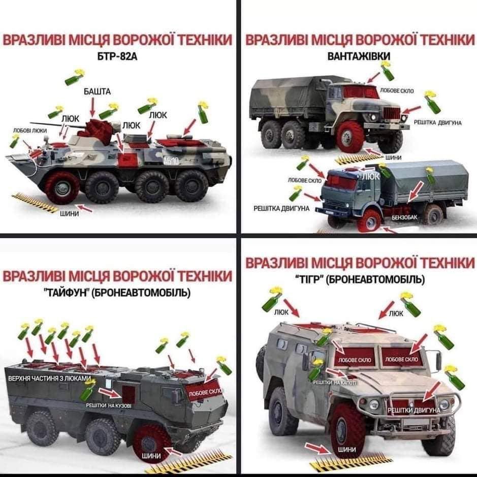 ragipsoylu's tweet photo. Ukrainian military released an infographic today that advises citizens on where to hit on Russian armoured vehicles with Molotov cocktails https://t.co/g6NreSCHBB