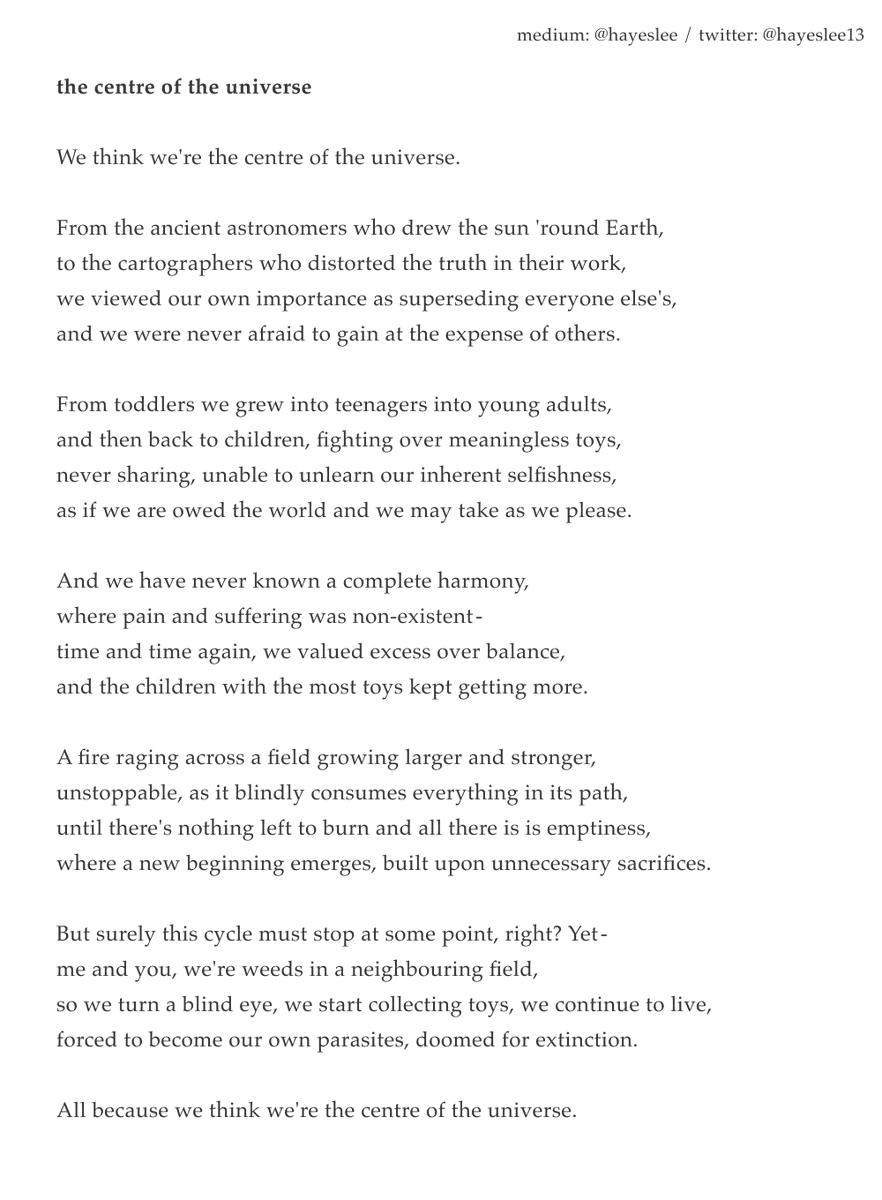 hayeslee13's tweet photo. the centre of the universe: a piece I wrote last week about how I felt about the state of the world

read more of my work here: https://t.co/scEQ0PUP9d https://t.co/1L4uxYiWQB