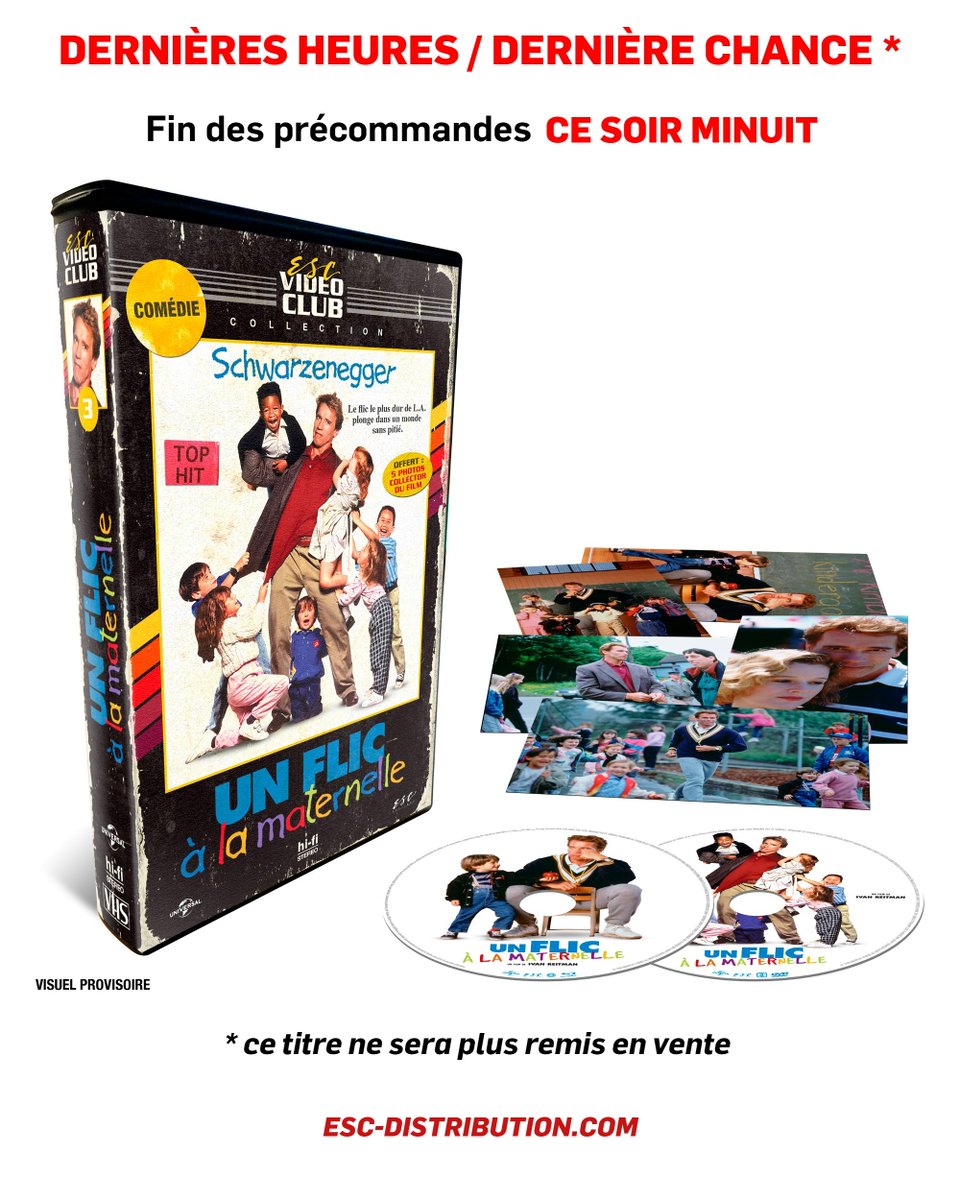 ESC_Films_'s tweet photo. ⚠ Vous n'avez pas précommandé notre édition #ESCVideoClub N°3 #UnFlicÀLaMaternelle d' #IvanREITMAN ?
Il vous reste encore quelques heures pour le faire.
Fin ce soir minuit.
Ce titre ne sera plus remis en vente par la suite.
👉 https://t.co/NAz6H9wG2P https://t.co/7M6DDnf0rZ