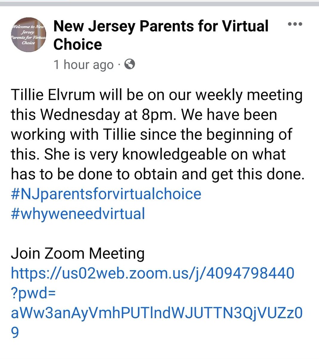 NjChoice's tweet photo. @TillieElvrum Elvrum will be on our weekly meeting this Wednesday at 8pm. We have been working with Tillie since the beginning of this. She is very knowledgeable on what has to be done to obtain and get this done.  #NJparentsforvirtualchoice 
#whyweneedvirtual https://t.co/lgCxv9rg3O