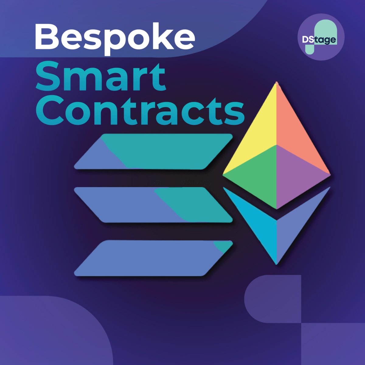 DStageNFT's tweet photo. Smart contracts automate interparty interactions without the need for a trusted third party; by using code instead of words to convey legal connections.

With #DStage, #Stagers can take advantage of bespoke #smartcontracts,tailored for the Dstage #ETH &amp; #Solana multichain system. https://t.co/O1IeZXioco