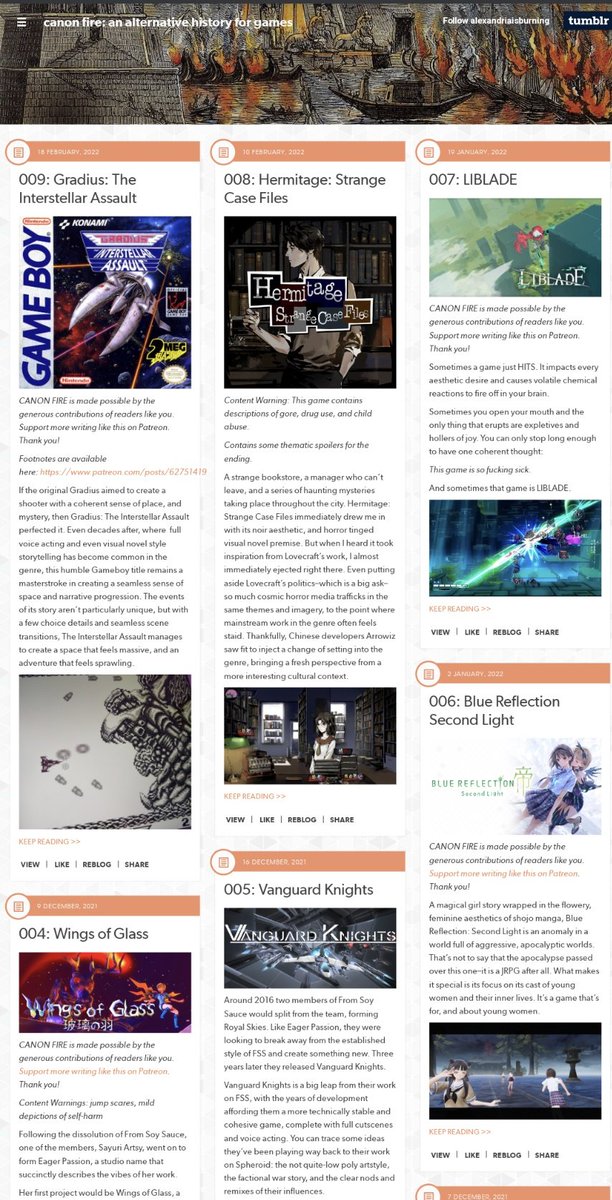 siegarettes's tweet image. If you haven't checked out CANON FIRE, my series on the unknown and underappreciated side of games history, what're you waiting for?

I've covered everything from Chinese cosmic horror to Gameboy shooters and magical girl summer vacations!

 links to the site and Patreon below: