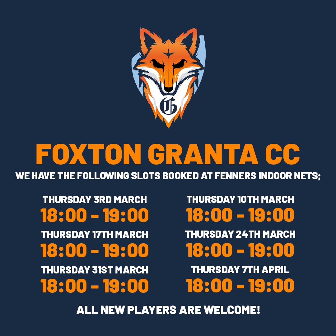 Foxton Granta CC (@foxtongrantacc) on Twitter photo ๐จ REMINDER: No nets tonight, we have now changed our schedule!
We now have the following slots booked at Fennerโs Indoor Nets!
We look forward to seeing you all there! ๐ฆ
All New Players are Welcome! ๐ฆ
โข
โข
โข
#foxtongrantacc #foxes #cricket #cambridge #foxton ๐จ REMINDER: No nets tonight, we have now changed our schedule!
We now have the following slots booked at Fennerโs Indoor Nets!
We look forward to seeing you all there! ๐ฆ
All New Players are Welcome! ๐ฆ
โข
โข
โข
#foxtongrantacc #foxes #cricket #cambridge #foxton