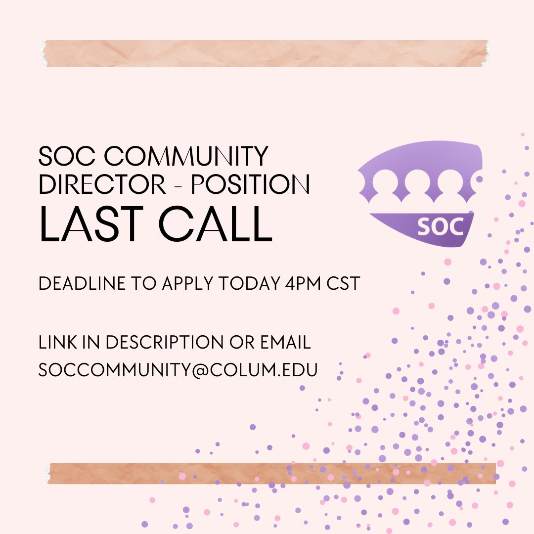 It's our last call to apply for a Community Director position!
Our current community director is graduating this semester so we're looking to fill this position for the 2022-2023 school year.
Link is in the description and/or email soccommunity@colum.edu before 4 pm CST today.