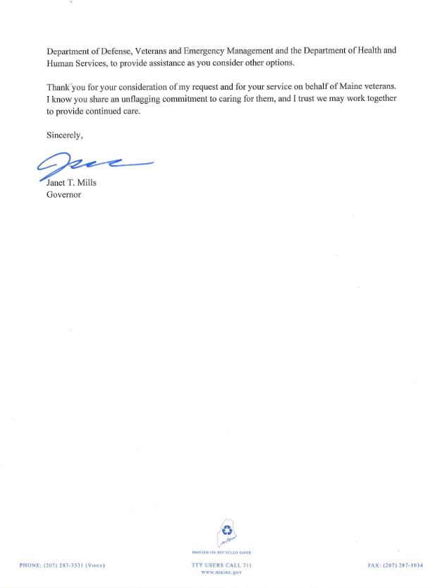 LegionMaine's tweet photo. The American Legion Department of Maine will be responding to the projected closure of the Maine Veterans Homes in Caribou and Machias.  Read the response of Governor Janet Mills below.  Members of the Press, call Paul L'Heureux at 207-873-3229 to arrange an interview. https://t.co/plQ51lHGvs