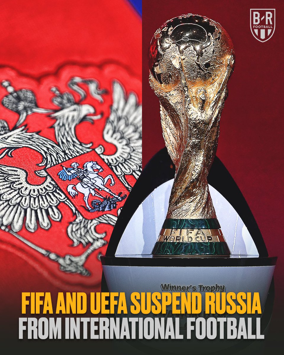 BleacherReport's tweet photo. Russia has been suspended from all international football which includes both club and national teams, FIFA and UEFA has announced. https://t.co/s1Pkvbhj9p