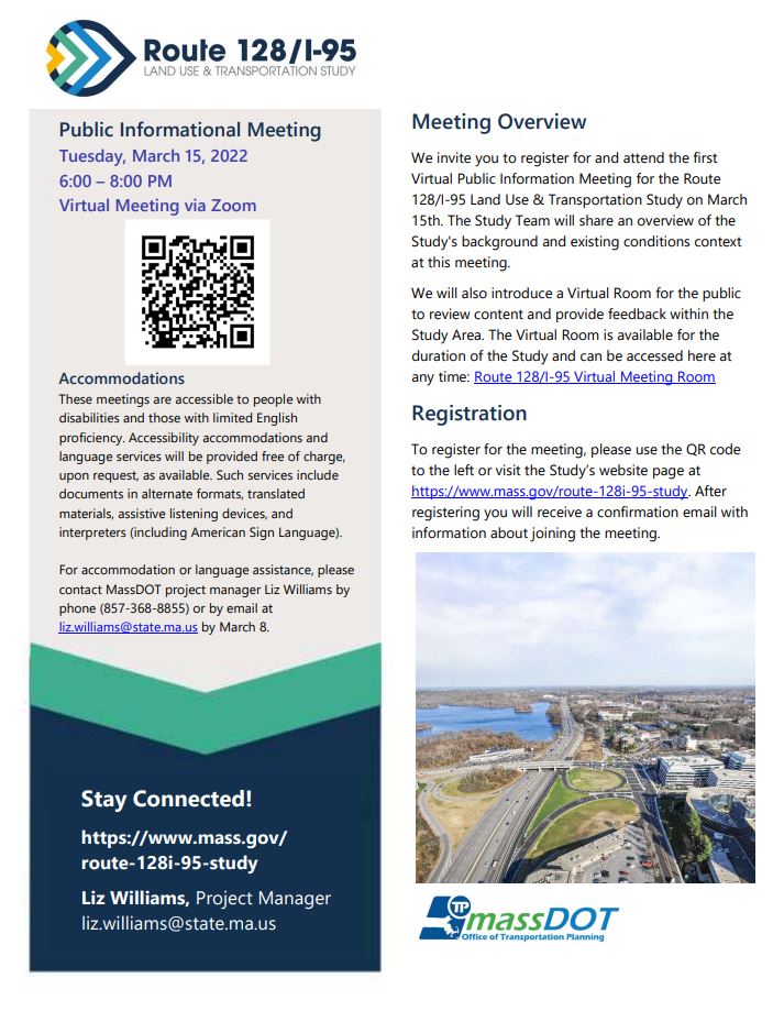 MassDOT's tweet photo. Do you drive on I-95? Public Meeting #1 for MassDOT’s Route 128/Interstate 95 Land Use and Transportation Study will be Tuesday, March 15, from 6-8pm. Sign up &amp; get more info: https://t.co/RxgUSxvMzi https://t.co/ax90wACZMp