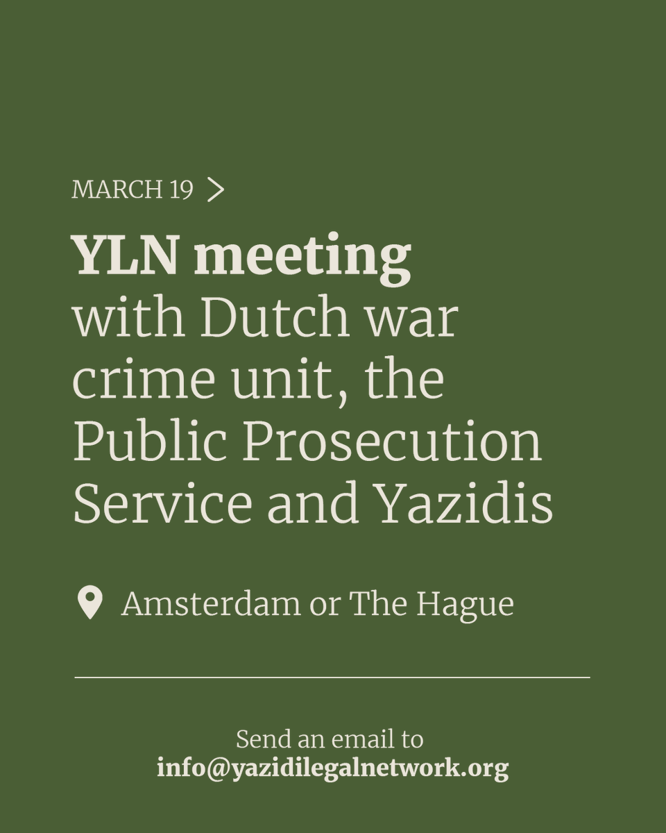 YazidiLN's tweet photo. Are you interested in accountability for the crimes committed against the Yazidi in NL? Would you like to know what the NL war crimes unit does? Would you like to familiarize yourself with the work of the Dutch Public Prosecution Service?

Email us 👉 info@yazidilegalnetwork.org https://t.co/89gUjcuoRW