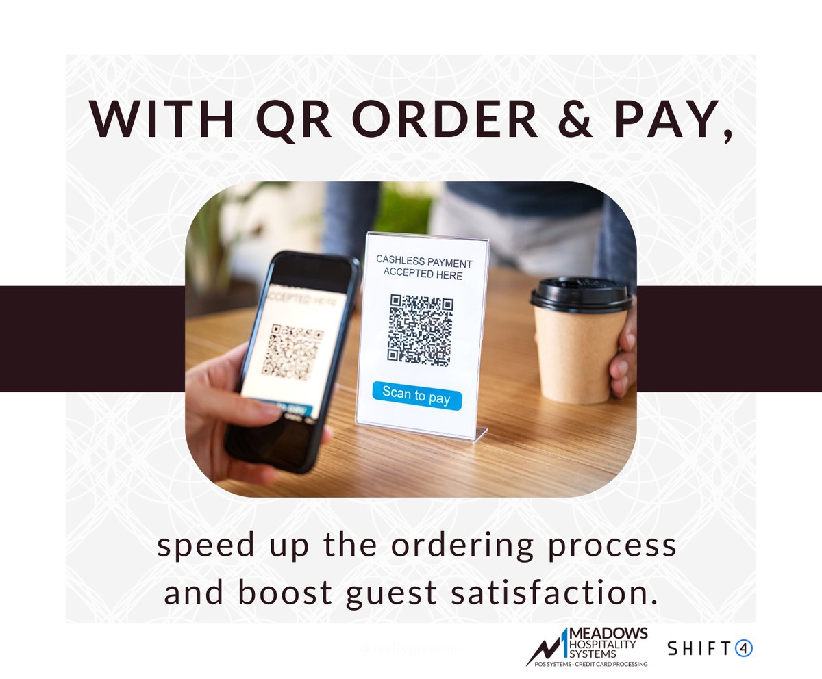 mhs_pos_'s tweet photo. "Have your customers scan a QR code with their smartphone to browse a #digitalmenu, place an order, &amp; pay. Servers will be less stressed and have more time to focus on delivering meals to tables and creating a positive customer experience." https://t.co/eNGOCcydYm
@Shift4 #QRPay https://t.co/qQwG5hHnTA