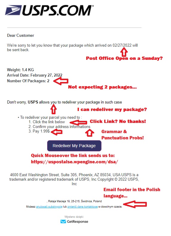 NSP_TechCrimes's tweet photo. Check out this PHISHING attempt received yesterday...this email had all the signs of a scam and was sent straight to the trash folder. Suspicious links, threats, bad grammar and punctuation. #nottodayscammers #dontclickit https://t.co/EOi9HhPbyh