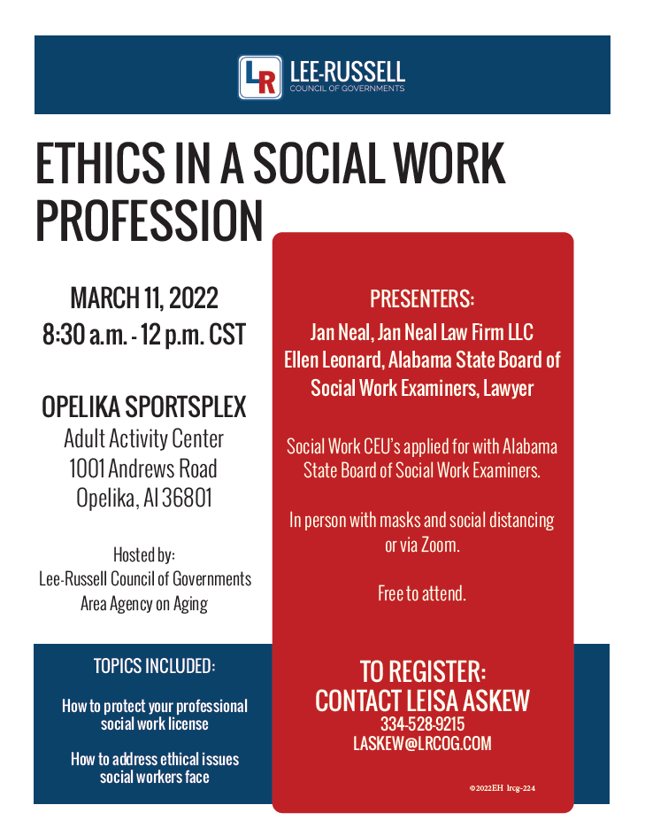 How do we apply ethics in professional settings? Learn how on March 9th at the Opelika Sportsplex!

View the flyer for more details.
