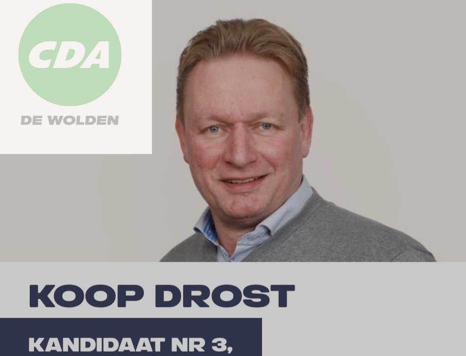 Ik ben Koop Drost, 52 jaar en woonachtig in Zuidwolde. Waarom sta ik op de kieslijst bij de gemeenteraadsverkiezingen? Ik kan het overal over hebben, maar als raadslid wil ik een echte volksvertegenwoordiger zijn.
Meer weten? cda.nl/drenthe/de-wol…

 #lokaalvoorelkaar