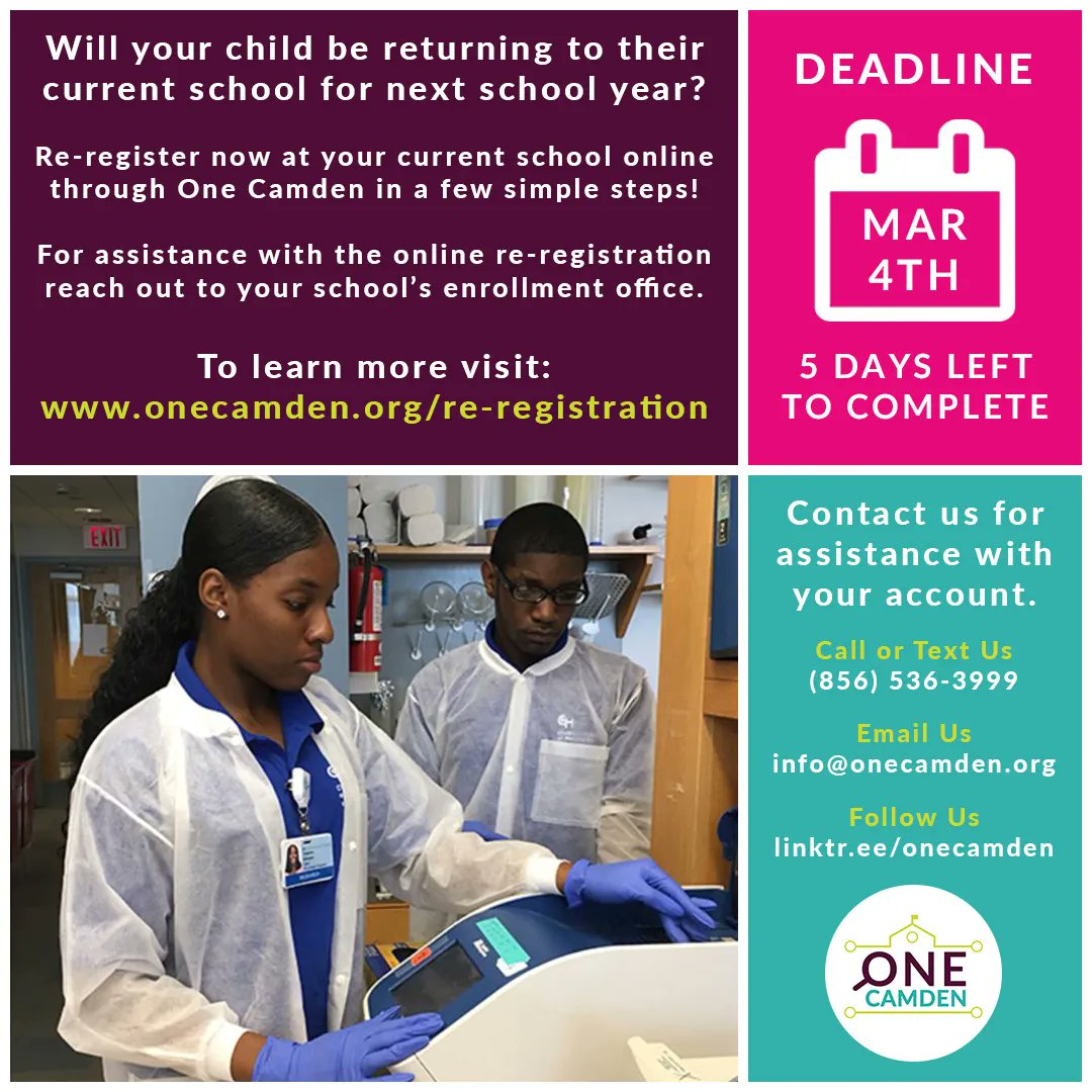 one_camden's tweet photo. Will your child(ren) be returning to their current school for next school year? 

5 DAYS left to complete your re-registration!

Reach out to your school's enrollment office with any questions regarding re-registration.

For more info: https://t.co/zCAwX1f58L

#OneCamden22 https://t.co/NPbQlWQlCo