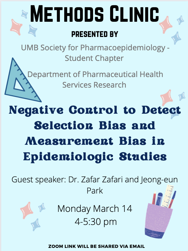 ISPE_UMB's tweet photo. Please join us at our Spring Virtual Method Clinic 
Topic: Negative controls to detect selection bias and measurement bias in epidemiologic studies
Guest: Dr. Zafar Zafari and Jeong-eun Park
Presenter: Sarah Tanveer
When: March 14th, 4 - 5:30 pm
Where: Virtually via Zoom https://t.co/kRjup6jOjw