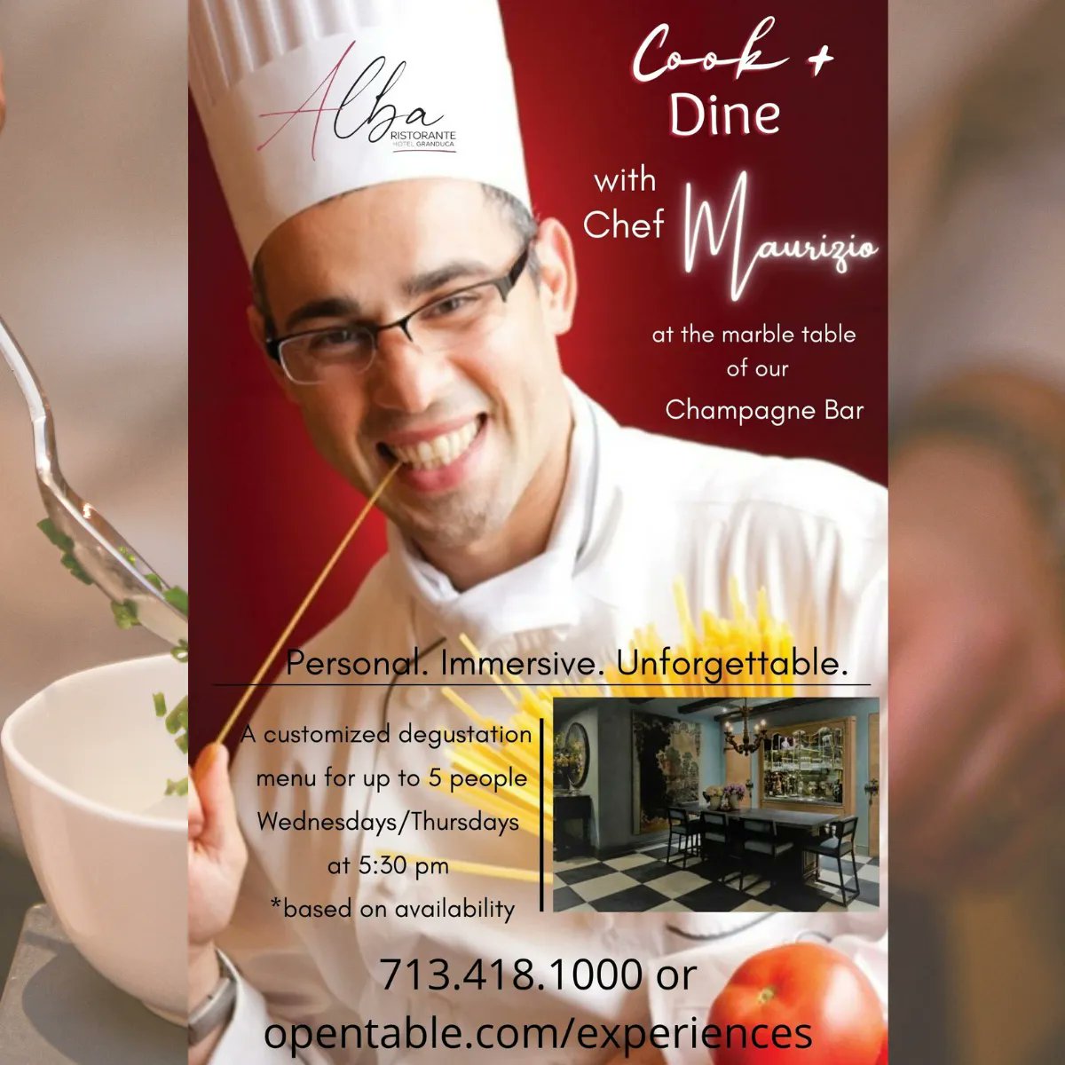 Reserve a customized tasting menu for up to five people on Wednesdays and Thursdays at 5:30 pm at the marble table at Alba Ristorante’s Champagne Bar.
Make a reservation by emailing Chef Maurizio at mferrarese@granducahouston.com

#hotelgranduca #albaristorantehouston