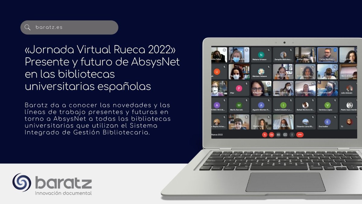 grupobaratz's tweet photo. 🔝💻📚 Baratz da a conocer las novedades y las líneas de trabajo presentes y futuras en torno a #AbsysNet a todas las #bibliotecas universitarias que utilizan el #SIGB

🔗 https://t.co/1bHjhv0qQu

🆕 #NoticiasBTZ
🎓 #BibliotecasUniversitarias
🔖 #Rueca2022 https://t.co/Z5kKoRlE1G