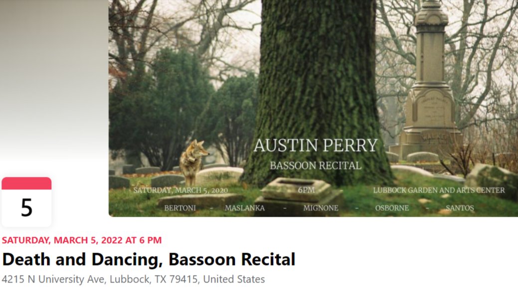 MusicVernacular's tweet photo. Here is another chance to support an amazing musician by going to his Bassoon Recital!! ❤🎶
Saturday 03/05 | 6PM | Lubbock Garden and Arts Center
Event link: https://t.co/4675SOnSqE
#ttu #ttusom #ttuschoolofmusic #music #bassoon #deathanddancing #death #rectial #mortality https://t.co/StkvXQ8k8U