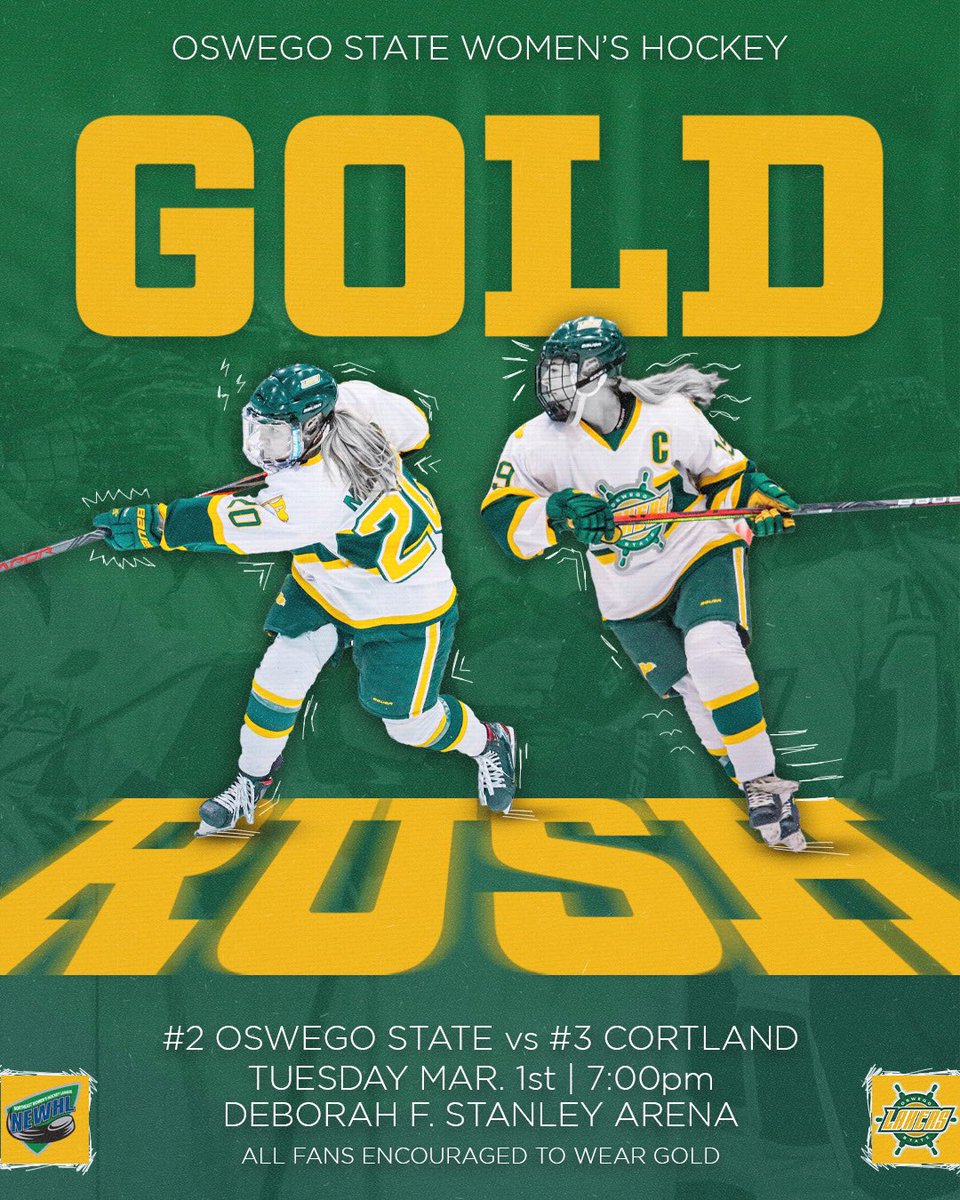 OswegoAthletics's tweet photo. WHO’S READY FOR ANOTHER GOLLDDDDDDD RUSHHHHHH! 

Gold Lakers t-shirts will be given away to the first 500 students with a valid SUNY Oswego ID! Come show up for the Women’s Ice Hockey team and show your support TOMORROW at 7p.m.

LET’S GO LAKERS!!! https://t.co/Ul7jjvduJP