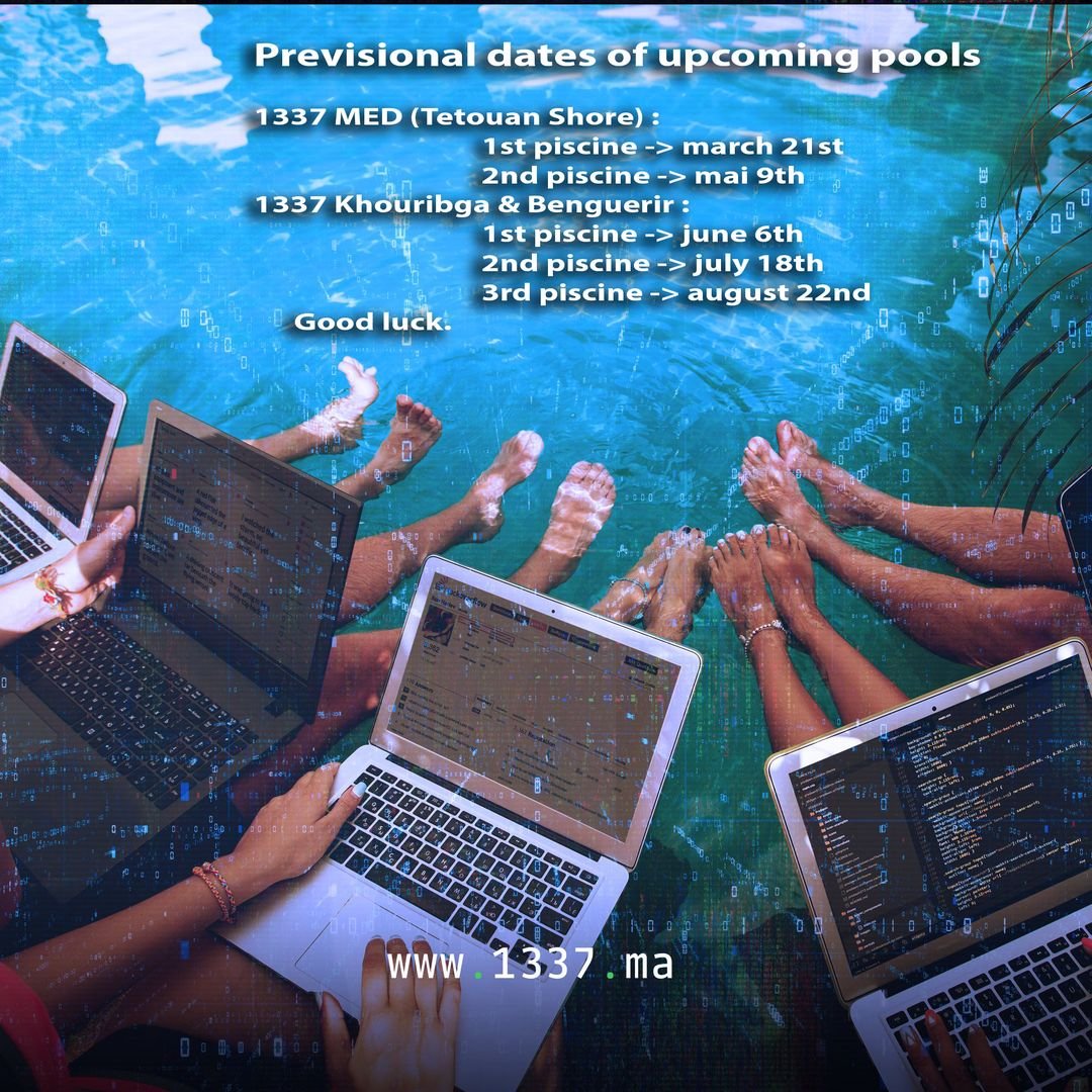 1337FIL's tweet photo. Finally, You can find down below the provisional dates for the upcoming pools for more visibility :

1337 med :
1st piscine -> March 21st
2nd -> May 9th

1337 Kh and BG:
1st -> June 6th
2nd -> july 18th
3rd -> august 22nd

this is for info only, don't rush to candidature. https://t.co/amOJWcIS6I