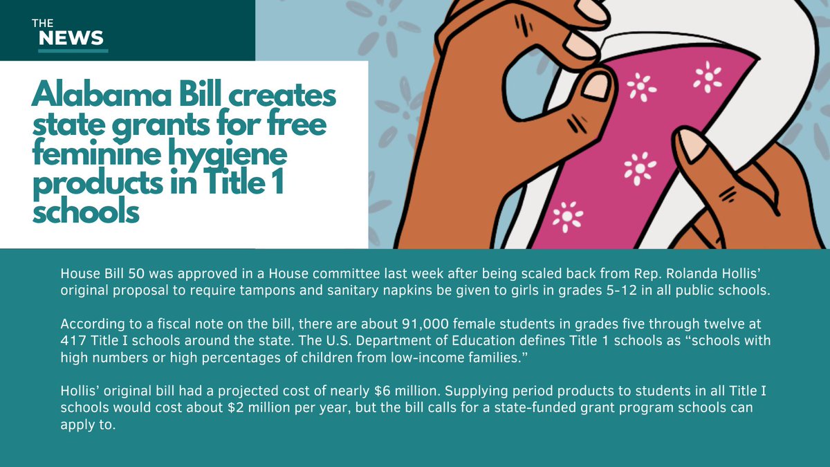 she_supply's tweet photo. The Alliance for Period Supplies reported that one in five females ages 12-44 in Alabama live below the poverty line, and 45% of seventh through 12th grade girls in the state’s public school system attend Title 1 eligible schools.
#PeriodPoverty #TamponTax #Alabama #HB50 https://t.co/OcqQMFFwUW