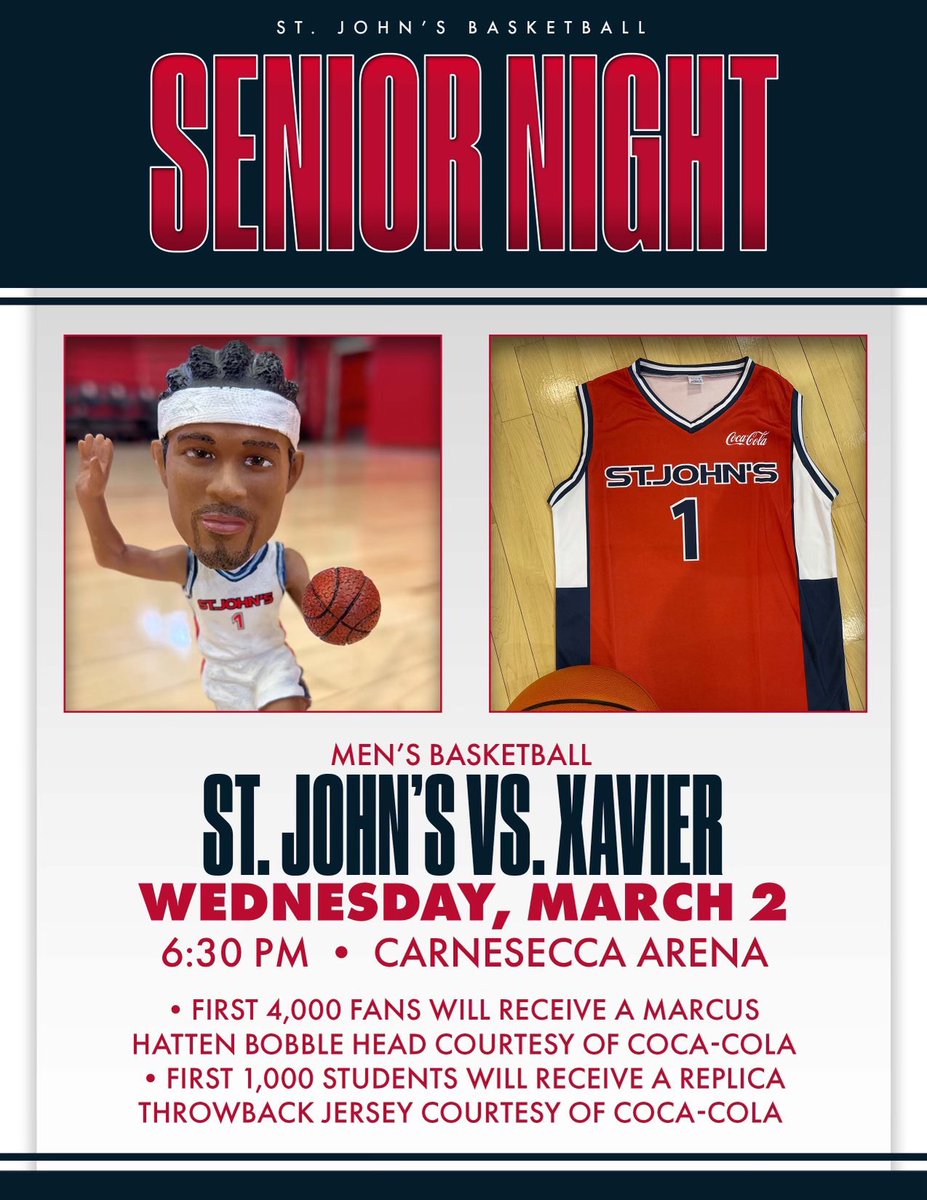 StJohnsRedStorm's tweet photo. 2 days away!!! We can’t wait to see you to celebrate our seniors! Not to mention the giveaways 👀 

🎟 https://t.co/vuk7Q6aZHN https://t.co/TivhVgNPxP