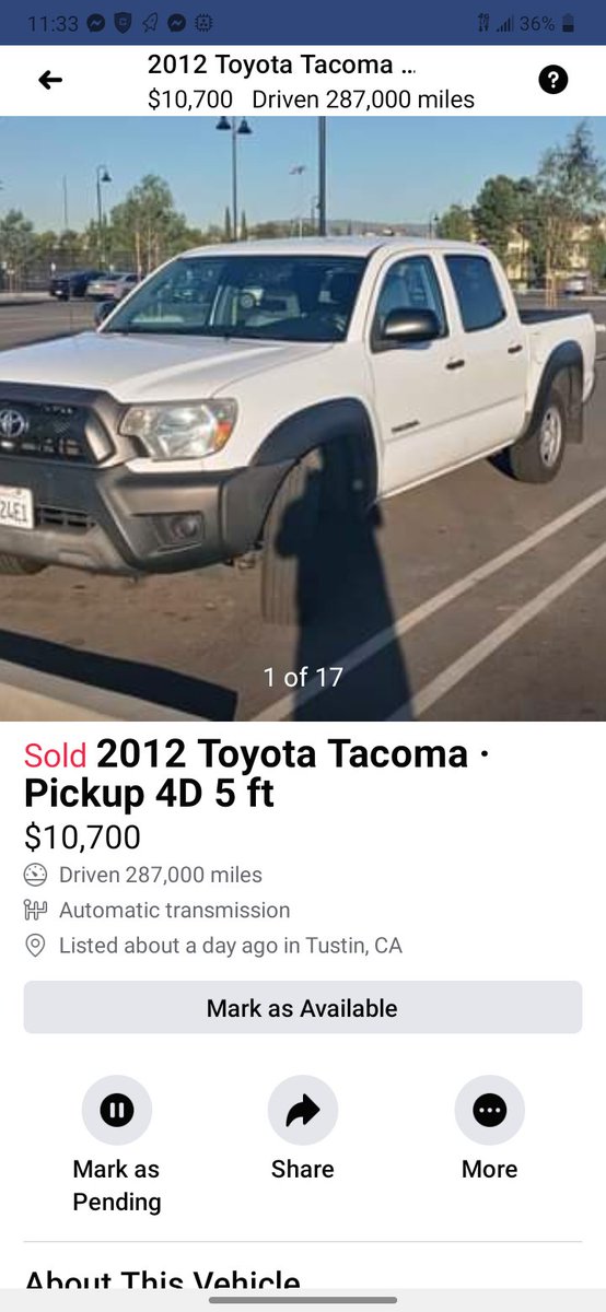 miguelitocom's tweet photo. @CA_DMV @CHP_OC i recently sold my 2012 tacoma on fb marketplace...the guy who bought from me try to resell it lowering the miles and clearing the check engine light off ..is this consider fraud? Will i be in trouble since the title will be under my name when he sells it? https://t.co/j2j8sTERQv