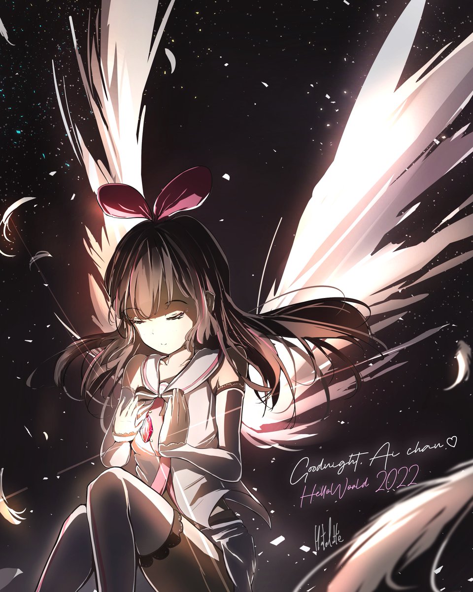 Hatolatte's tweet image. Goodnight, Ai chan.♡
My first fanart of Ai chan.
Didn't watch her very often but I listened to all of her songs and all her "FAQ"s.
Luckily I didn't miss her last live.
She is where it all began.
I will be waiting for you.
おやすみ♡
#キズナアイ
#helloworld2022
#きずなーぽすと