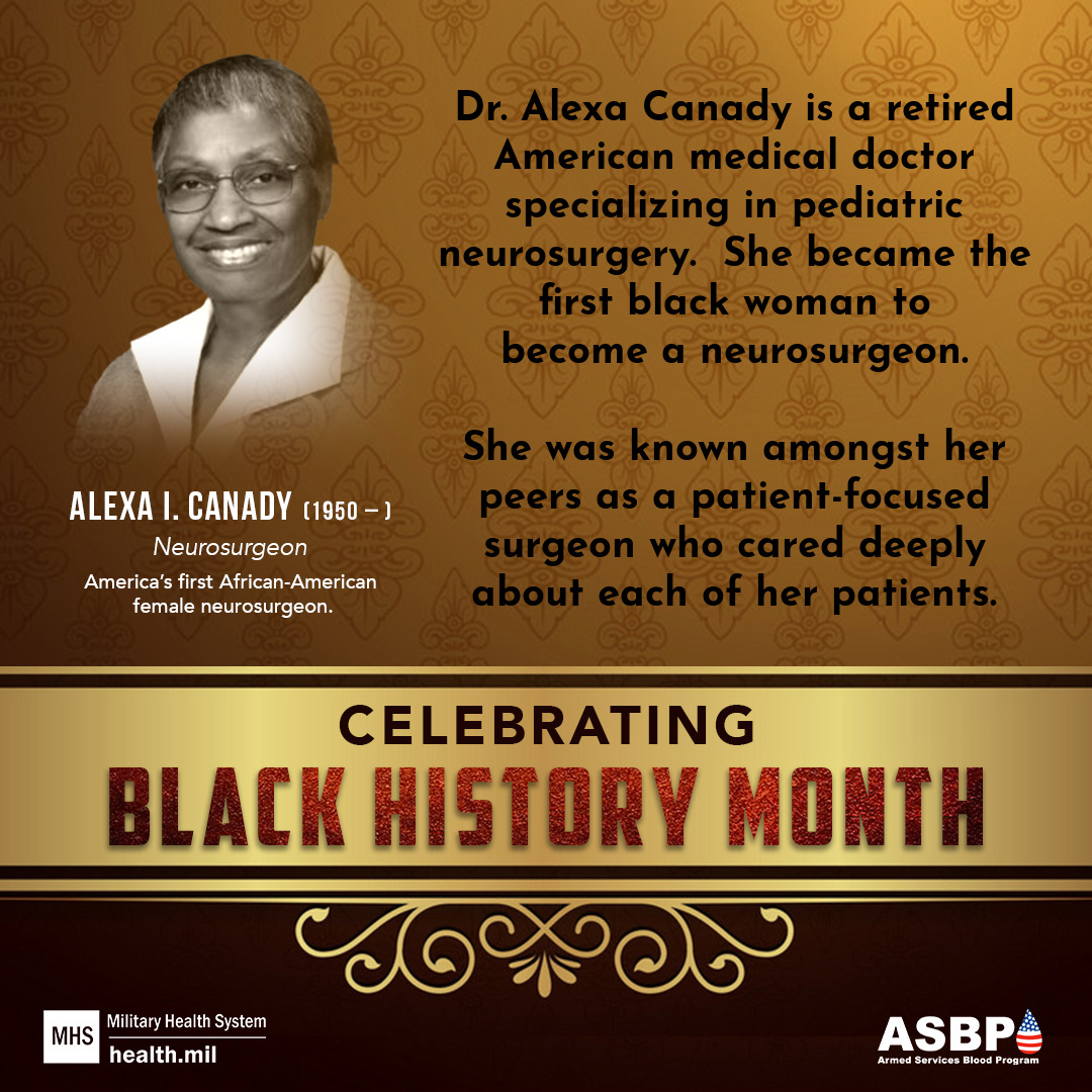 MilitaryBlood's tweet photo. Celebrating #BlackHistoryMonth :
Dr. Alexa Canady. First African-American female to become a neurosurgeon.
Career as neurosurgeon for 31 yrs.
#Celebrating #LifeSaver #Canady https://t.co/LbJRfr5Vqn