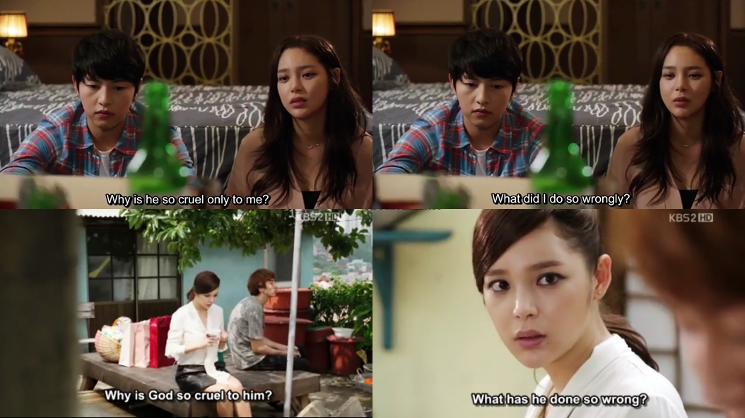 “Do you think that God exist?” Ep 1 : Han Jahee asks Maru, about why God always cruel to her. Ep 2 : Park Jaegil asked the same things to Jaehee about Why God always cruel to Kang Maru....