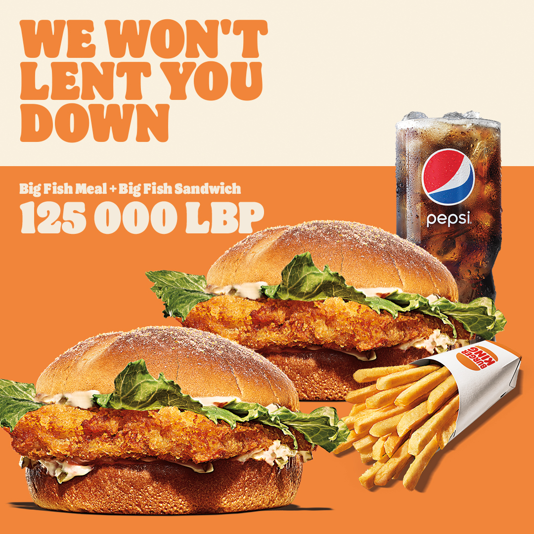 BKLebanon's tweet photo. During Lent, we won’t let you down.
A big Fish Meal + Big Fish Sandwich for 125,000 LBP only!

#BKLebanon #BurgerKing #Lent #Fasting #Fish #Combo #FishBurger https://t.co/TzcfKVc2gJ