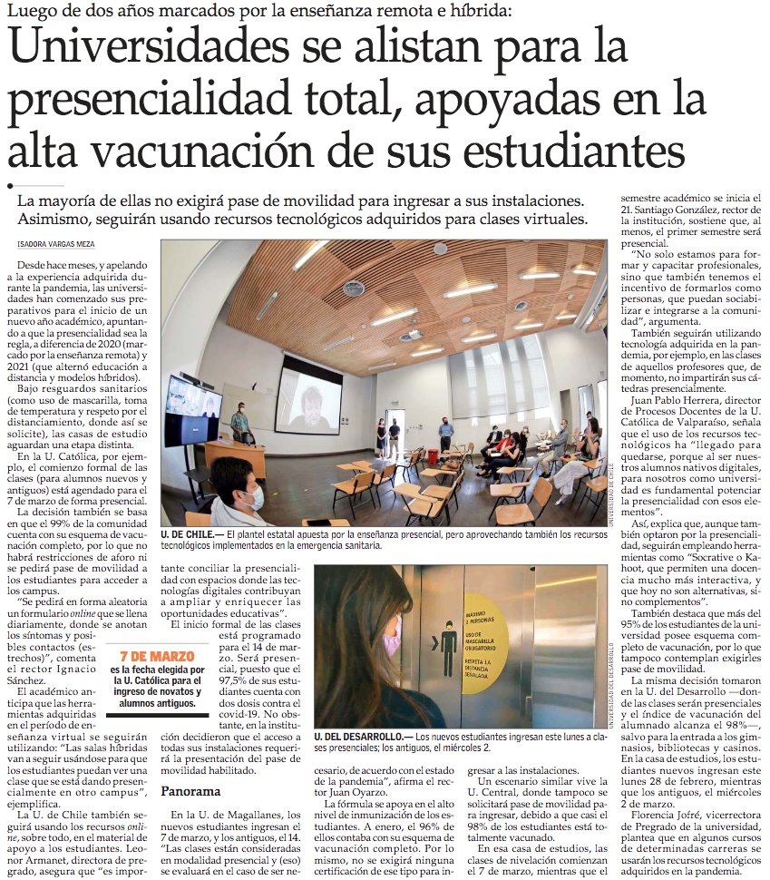 [UCHILE en la Prensa] <a href="/ElMercurio_cl/">elmercurio_cl</a> indica que "Universidades se alistan para la presencialidad total, apoyadas en la alta vacunación de sus estudiantes", y se explica que la U. de Chile iniciará sus clases este 14 de marzo, con petición a toda la comunidad del pase de movilidad